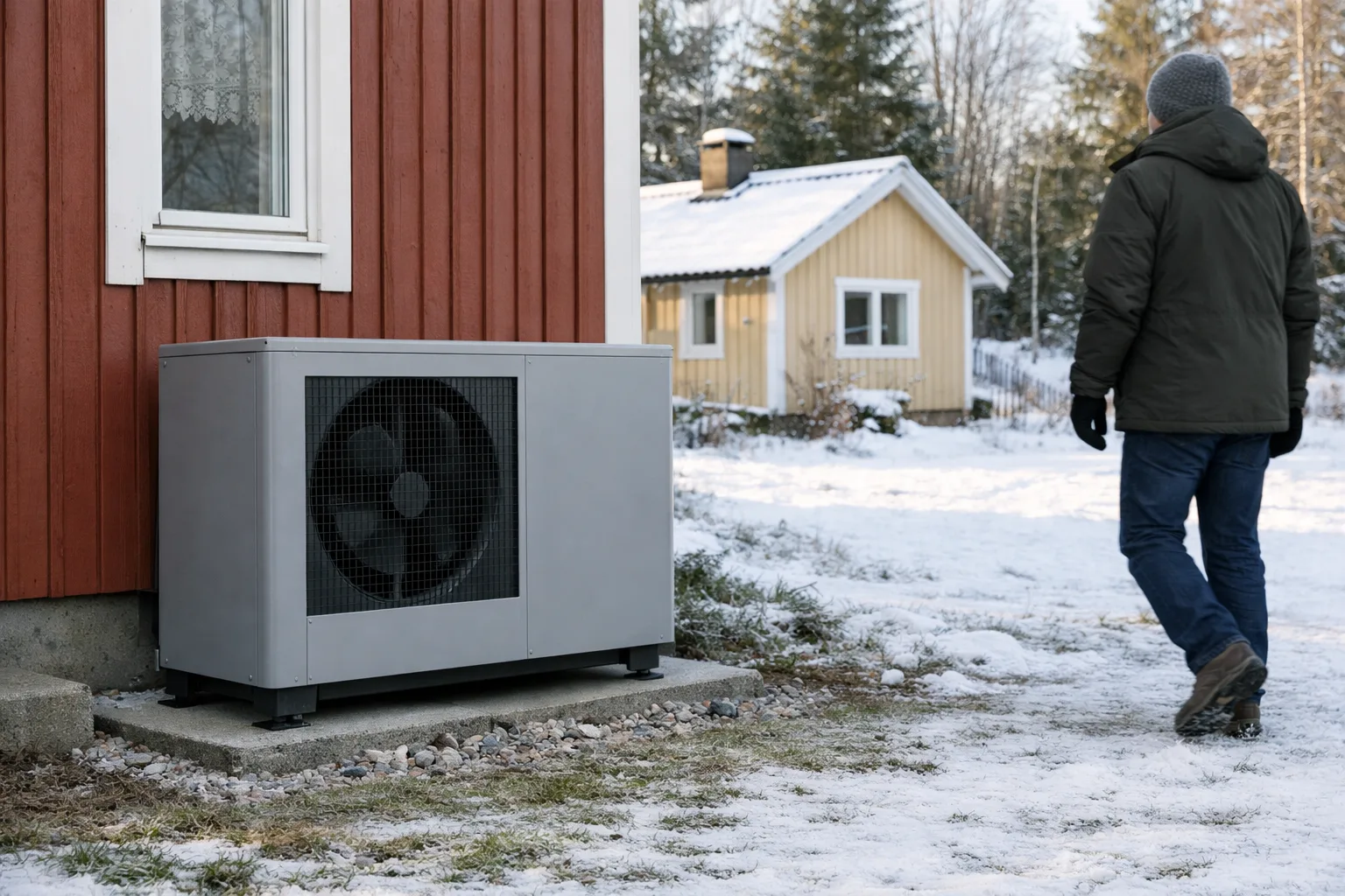 Enkel utomhusenhet vid hus.